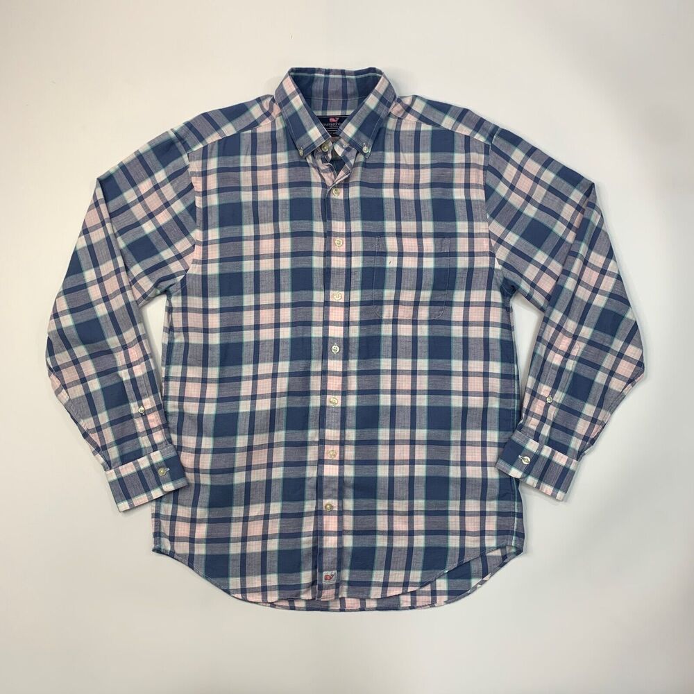 Vineyard Vines Shirt Mens Medium Blue White Classic Fit Murray Plaid Linen Blend - Picture 2 of 10